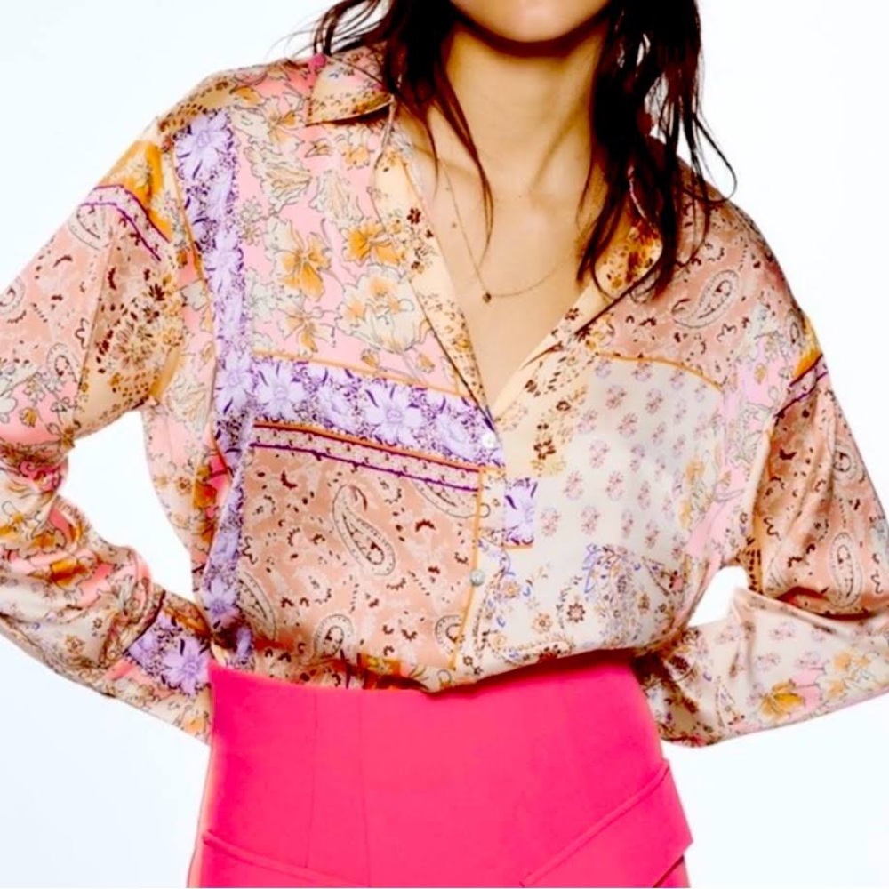 Zara Printed Silk Top in Pink/Orange NWOT